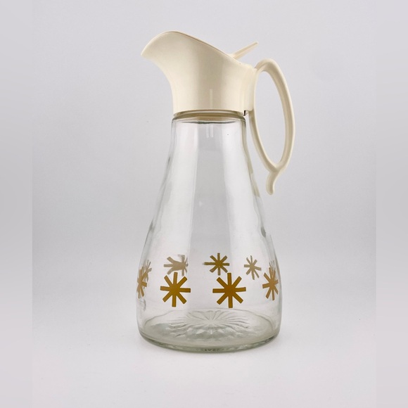 Vintage, Log Cabin Syrup Dispenser Clear Glass Gold with Atomic Starburst - Picture 2 of 9